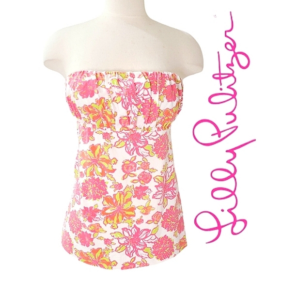 Lilly Pulitzer Pink & Neon Green Strapless Olette Top in Truly Unruly Print Sz 2 - Picture 1 of 13